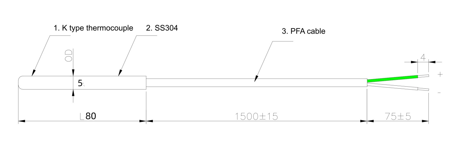 Датчик с термопарой типа K SS304/316 с кабелем PFA
